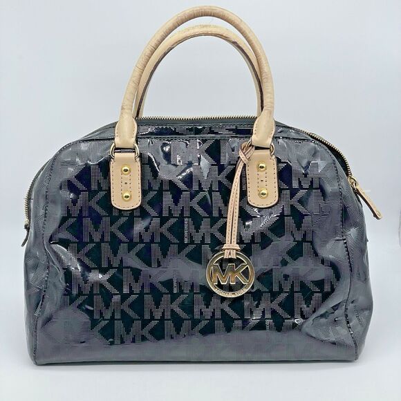 MICHAEL Michael Kors Signature Patent Leather Satchel Black Zip Closure Dome - Picture 1 of 14